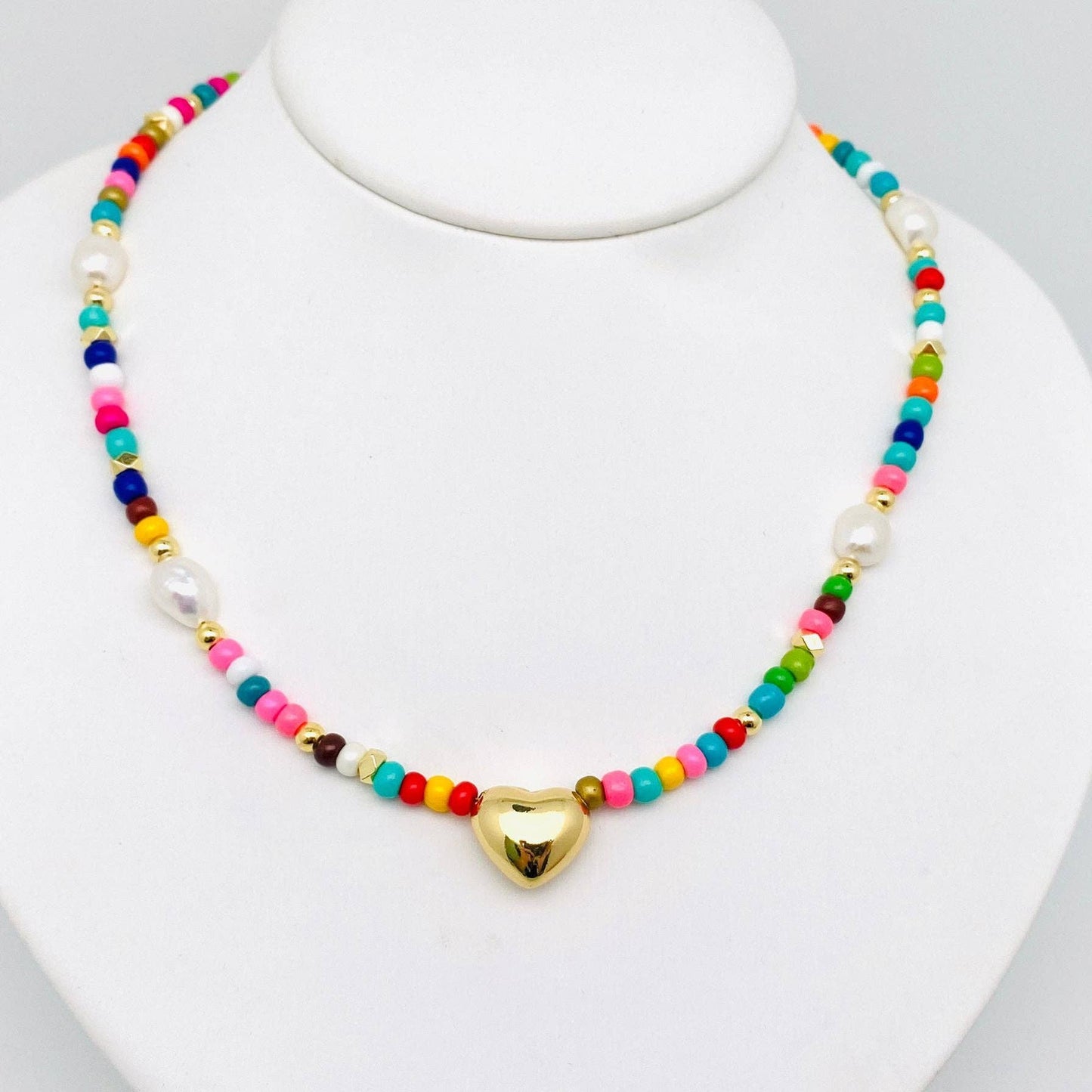 Golden Heart Glass Pearl Beaded Necklace
