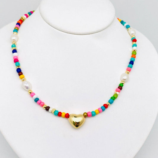 Golden Heart Glass Pearl Beaded Necklace