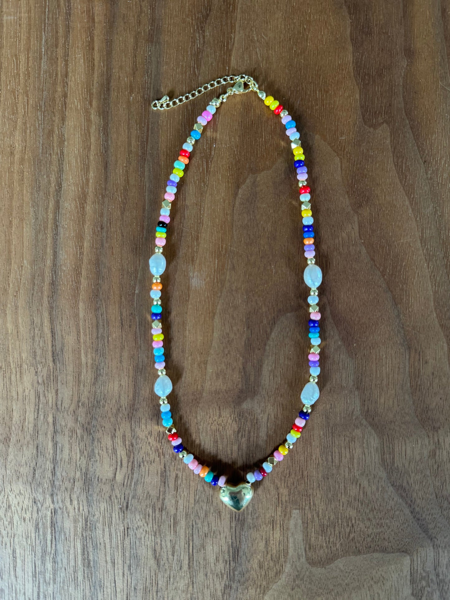 Golden Heart Glass Pearl Beaded Necklace