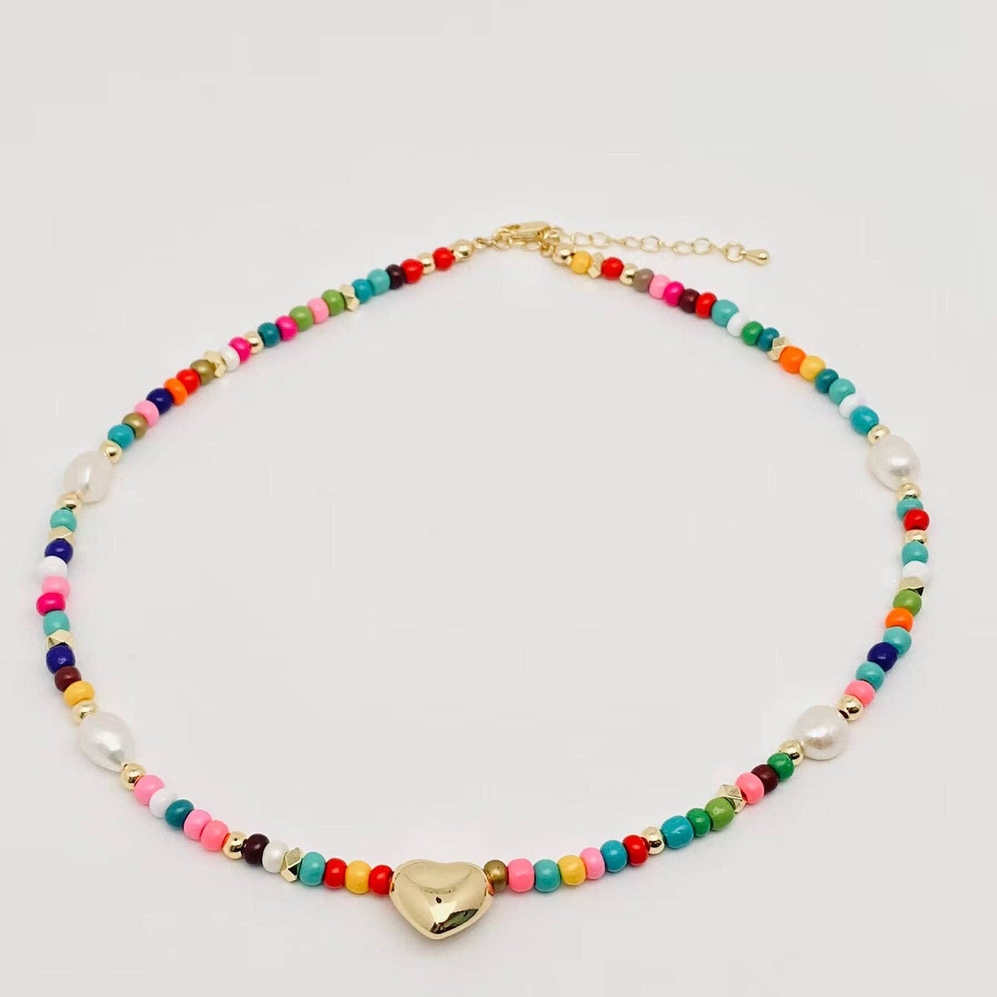 Golden Heart Glass Pearl Beaded Necklace