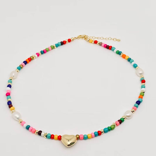 Golden Heart Glass Pearl Beaded Necklace